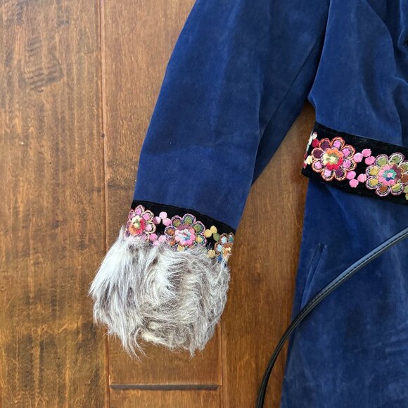 Vintage Bohemian Penny Lane Embroidered Blue Suede Long Coat - Picture 7 of 8